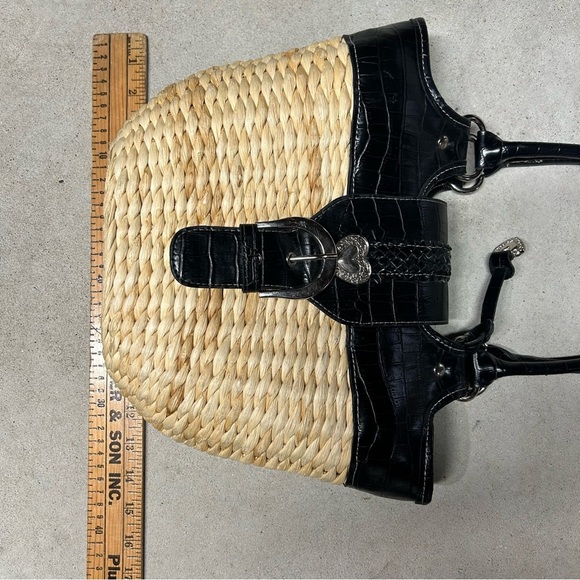 Tan & Black Straw Woven Buckle Handbag Tote Basket Black Reptile Faux Leather - Picture 9 of 9